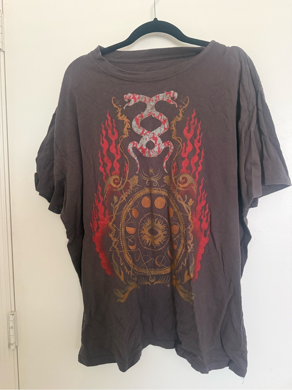 Urban Outfitters Brown Tee with Red and Gold Graphic Snake and Flame Motif